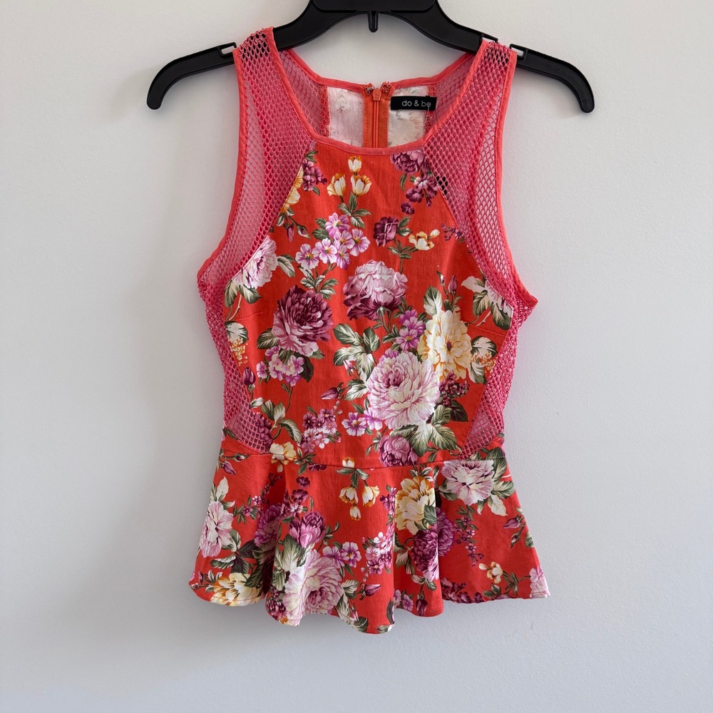 Do &Be Sleeveless Peplum Top Floral Print Women S Orange Mesh Detail